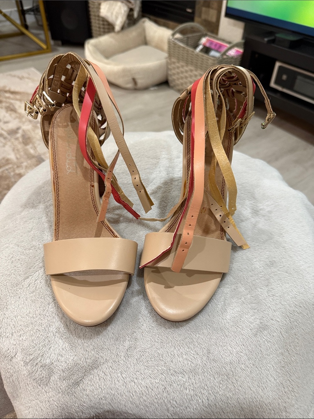 Splendid Nude Heeled Sandals with Multicolor Fringe Ties